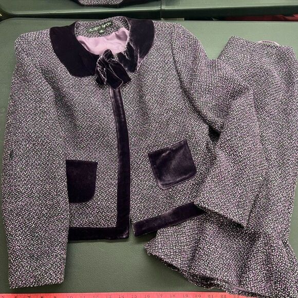 Albert Nipon Pockets Purple Tweed And Velvet 2pc Skirt Suit Set Womens Size 6P - Picture 6 of 16